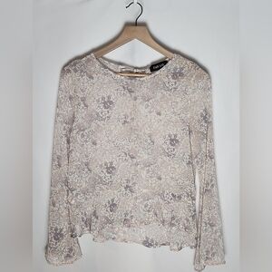 Fab'rik Small Sheer Long Sleeve Cream Floral Paisley Blouse Tie Accent In Back